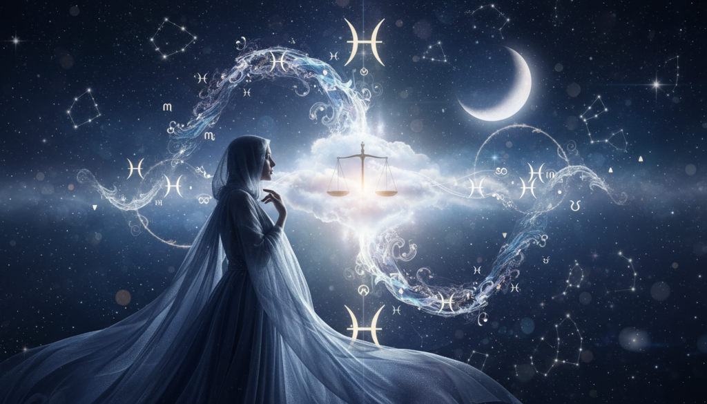 A serene, celestial scene depicting the concepts of karma and destiny within the context of the zodiac sign Pisces. In the foreground, a mystical figure representing Pisces, draped in flowing, ethereal robes of deep blues and silvers, gazes thoughtfully into the cosmos. The middle layer features intricate astrological symbols and swirling water patterns, symbolizing the fluidity of karma and destiny. In the background, a starry night sky filled with shimmering constellations and a soft, luminous moon casts a gentle light, creating a tranquil and reflective atmosphere. The mood is contemplative, inviting the viewer to ponder their spiritual journey. The lighting should be soft and dreamlike, with a slight bokeh effect, enhancing the mystical quality of the scene, as if one is peering into a realm beyond the ordinary.