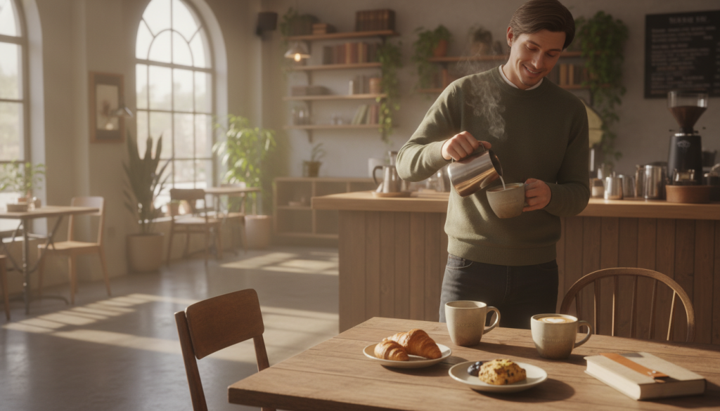 A serene coffee shop scene, depicting a Virgo individual in modest casual clothing, showcasing affection through thoughtful actions. In the foreground, the person carefully prepares a coffee for a friend, with a warm smile, emphasizing attention to detail. The middle ground reveals a cozy table set with two cups, pastries, and an open book, symbolizing shared moments. In the background, soft natural light streams through large windows, creating a welcoming atmosphere filled with soft shadows. The overall mood reflects warmth, love, and consideration, capturing the essence of daily affection and connection. Frame the scene with a slight depth of field, focusing on the Virgo individual while softly blurring the surroundings, enhancing the intimate feel.