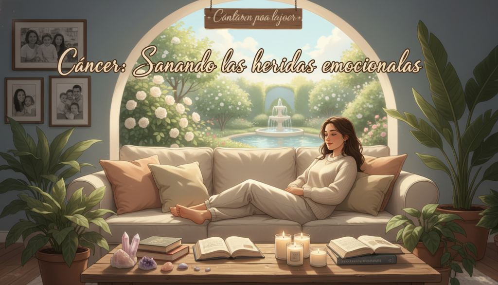 A serene, comforting interior scene depicting a cozy living room bathed in soft, warm light. In the foreground, a gentle figure representing the Cancer zodiac sits peacefully on a plush sofa, dressed in modest casual clothing, surrounded by plants and healing crystals. The middle ground features various elements symbolizing emotional healing: open books on self-care, calming candles, and photographs of loved ones. In the background, a large window showcases a tranquil garden, allowing natural light to pour in, enhancing the sense of safety and comfort. The overall atmosphere is soothing and nurturing, evoking feelings of healing, reflection, and emotional growth, ideal for expressing the essence of "Cáncer: Sanando las heridas emocionales."