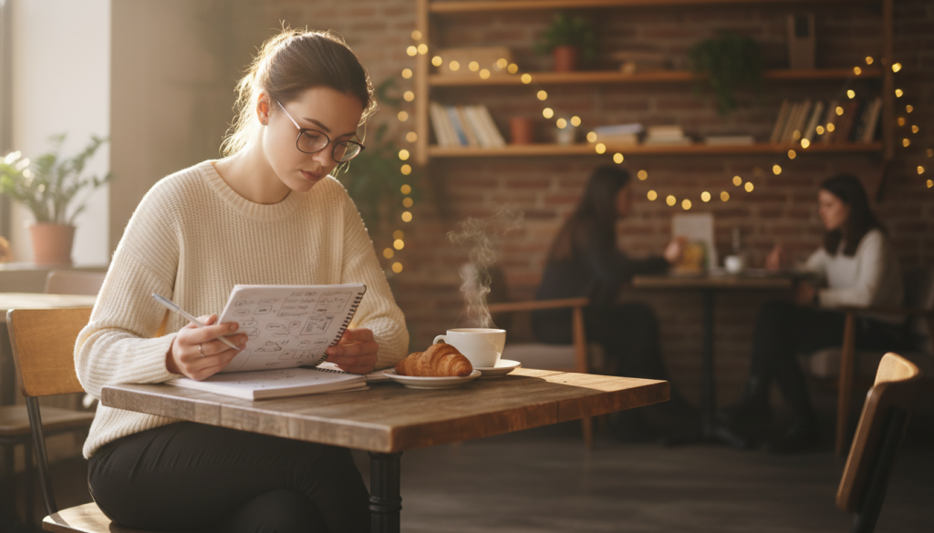 A serene, contemplative scene depicting an observer in a cozy café, embodying the essence of Virgo in love. In the foreground, a thoughtful individual, a young woman in modest casual clothing, sits at a small wooden table. Her gaze is focused on an open notebook filled with thoughtful notes, symbolizing her analytical nature. The middle ground features warm, inviting decor, with soft lighting casting gentle shadows. The background displays softly blurred silhouettes of other patrons, creating an atmosphere of quiet reflection. The overall mood is calm and introspective, with natural sunlight filtering through the window, enhancing the feeling of warmth and connection to the world around her. A depth of field effect highlights the subject while maintaining a soft focus on the surroundings.