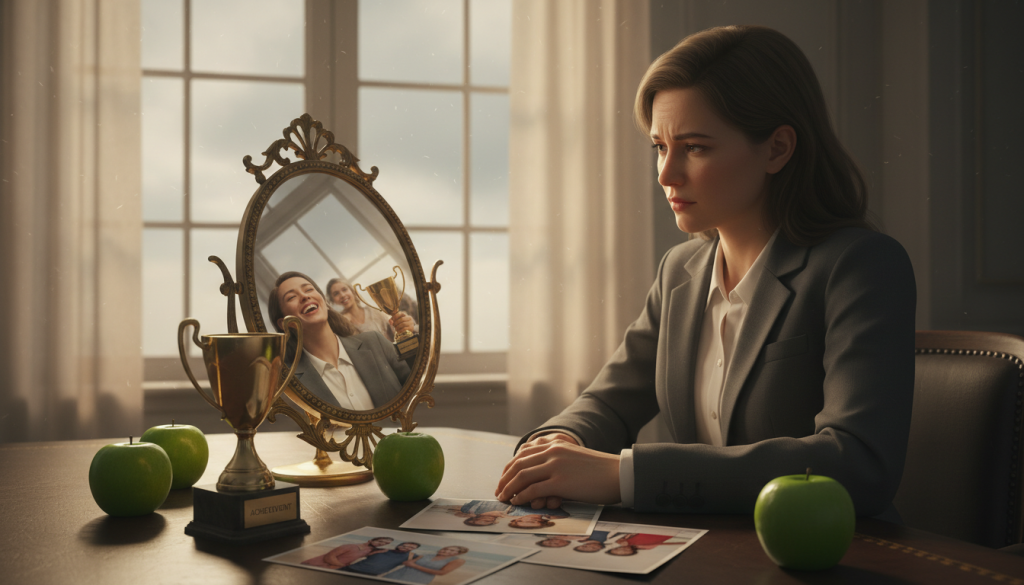 A serene, contemplative scene illustrating emotional triggers related to envy. In the foreground, a person in professional attire sits at a desk, their expression a mix of introspection and mild frustration, looking at a mirror reflecting distorted images of perceived success. The middle layer features various objects symbolizing envy, such as green apples, a trophy, and photos of friends having joyful moments, all quietly arranged on the desk. In the background, a soft-focus window reveals a cloudy sky, casting diffused natural light that enhances the reflective mood. The overall atmosphere is one of self-reflection and emotional awareness, with warm tones conveying a sense of urgency and contemplation in dealing with jealousy. A serene, contemplative scene illustrating emotional triggers related to envy. In the foreground, a person in professional attire sits at a desk, their expression a mix of introspection and mild frustration, looking at a mirror reflecting distorted images of perceived success. The middle layer features various objects symbolizing envy, such as green apples, a trophy, and photos of friends having joyful moments, all quietly arranged on the desk. In the background, a soft-focus window reveals a cloudy sky, casting diffused natural light that enhances the reflective mood. The overall atmosphere is one of self-reflection and emotional awareness, with warm tones conveying a sense of urgency and contemplation in dealing with jealousy.