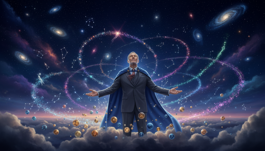 A serene cosmic landscape representing the concepts of karma and the soul. In the foreground, a wise figure in professional attire stands with arms outstretched, surrounded by glowing orbs symbolizing past lives and karma weighing down like gentle clouds. The middle ground features ethereal, swirling trails of light connecting the figure to vibrant, colorful constellations, illustrating the dynamic relationship between karma and soul development. In the background, a starry night sky sparkles with distant galaxies, creating a vast sense of the universe's energy. Soft, diffused lighting envelops the scene, casting a tranquil ambiance. The mood is contemplative and enlightening, encouraging reflection on the deeper connections of existence. Shot from a slightly low angle to emphasize the grandeur of the cosmic elements.