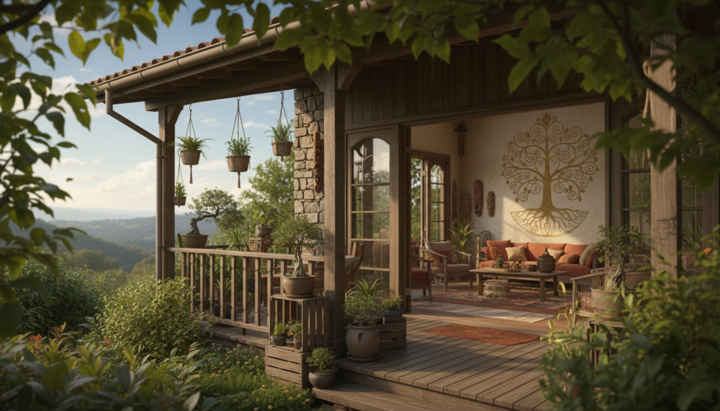 A serene, cozy home surrounded by lush greenery, with soft golden sunlight filtering through leaves. In the foreground, an inviting wooden porch adorned with potted plants, symbolizing growth and connection to ancestry. The middle ground features an open living space, filled with warm earthy tones, traditional artifacts, and a family tree illustration on a wall, representing spiritual connections and heritage. In the background, a slightly blurred landscape of distant hills under a blue sky enhances the tranquility. The atmosphere is reflective and harmonious, evoking a sense of belonging and continuity through generations. The overall composition is captured with a warm, diffused lighting effect, simulating a peaceful late afternoon.