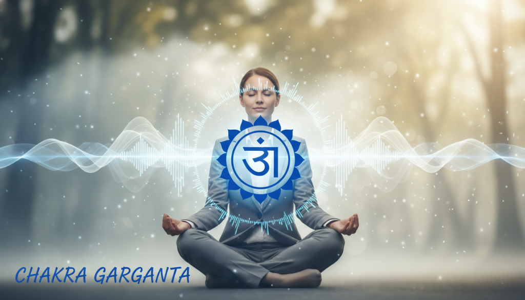 A serene depiction of the throat chakra, known as "chakra garganta," at the center of the image. In the foreground, a glowing, intricate symbol of the throat chakra in vibrant blue hues radiates energy, surrounded by gentle waves of light that symbolize sound and communication. In the middle ground, a figure dressed in professional attire sits cross-legged, eyes closed, in a meditative pose, with a soft expression of focus and tranquility. The background features a calming, blurred natural environment, perhaps a tranquil forest or soft clouds, with warm sunlight filtering through to enhance the serene atmosphere. The overall mood is peaceful and reflective, evoking a sense of balance and inner harmony, perfect for exploring techniques to unlock one's inner voice.