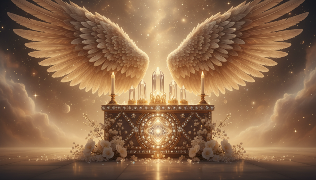 A serene, ethereal space bathed in soft, golden light symbolizing divine connection. In the foreground, a beautifully ornate crystal altar is adorned with shimmering gemstones and delicate white flowers, radiating tranquility. In the middle ground, a pair of intricately detailed, angelic wings appear, representing the protective Archangel guiding the viewer. The background features a dreamlike celestial landscape with softly swirling clouds and twinkling stars, evoking a sense of otherworldly peace. Warm, gentle lighting casts a glow that enhances the ambiance, making it inviting. The image captures a harmonious atmosphere, inviting viewers to prepare their space for divine connection and spiritual reflection, shot from a slightly elevated angle to emphasize depth and the surrounding celestial beauty.