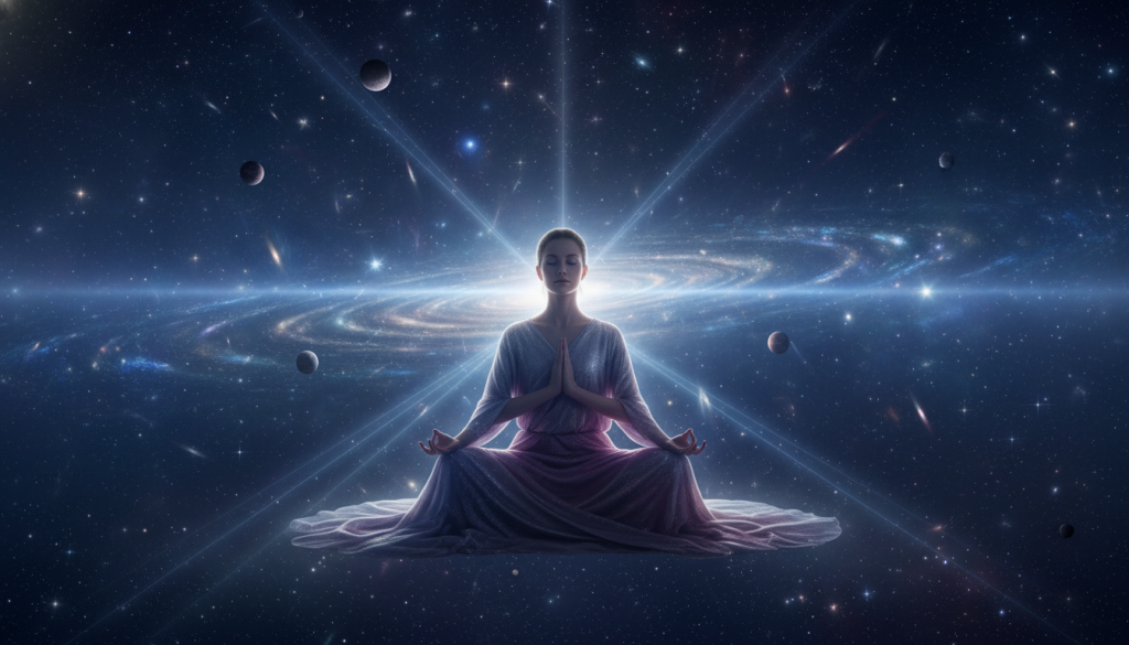 A serene figure meditating in a vast cosmic landscape, surrounded by swirling galaxies and shimmering stars. In the foreground, the individual is depicted with a calm expression, dressed in modest, flowing garments that reflect the colors of the cosmos—blues, purples, and silvers. The middle ground features ethereal light beams connecting the figure to celestial bodies, creating a sense of connection with the universe. The background showcases deep-space vistas filled with vibrant nebulae and twinkling stardust, enhancing the feeling of vastness. Soft, ambient lighting casts a tranquil glow, emphasizing the spiritual journey of the subject. The atmosphere is peaceful, inviting contemplation and connection with the cosmos, symbolizing the spiritual purpose associated with Pisces.