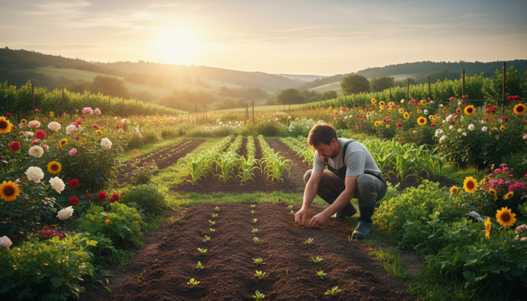 A serene garden scene at sunrise, filled with lush greenery and blooming flowers representing growth and prosperity. In the foreground, a gardener in modest casual clothing, focused on planting seeds in rich, dark soil, symbolizing "siembra" (sowing). The middle ground features beautifully arranged rows of young plants, reflecting the nurturing aspect of projects taking root. In the background, gentle hills under a golden sky, with soft, warm sunlight casting a tranquil glow over the entire landscape. The atmosphere is peaceful and hopeful, invoking a sense of potential and abundance. The composition should be captured from a slightly elevated angle to provide depth, emphasizing the connection between the gardener and the earth.