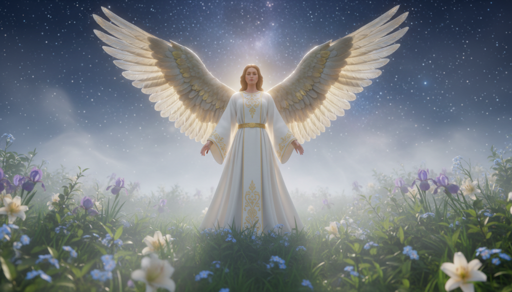A serene guardian angel stands in a peaceful, ethereal setting, representing the Virgo spiritual purpose. In the foreground, the angel, adorned in flowing white robes with golden accents, radiates a soft, warm light. Its wings are elegantly spread, shimmering in shades of gold and silver. In the middle ground, lush greenery and delicate flowers symbolize growth and enlightenment, bathed in soft sunlight that filters through a gentle mist. The background features a distant, celestial landscape with stars twinkling softly, suggesting harmony and divinity. The atmosphere is peaceful and uplifting, evoking a sense of protection and guidance. The lighting is soft and diffused, lending a dreamlike quality to the scene, shot from a slightly low angle to enhance the angel's majestic presence.