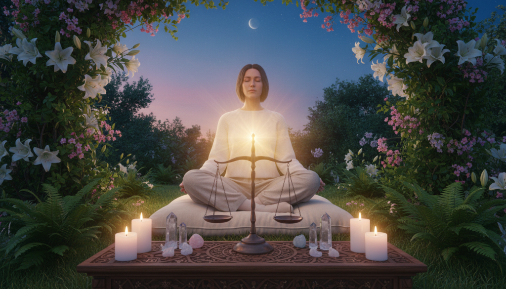 A serene, harmonious image representing a Libra ritual for enhancing inner energy. In the foreground, a beautifully arranged altar with candles, crystals, and astrological symbols, specifically Libra scales. The middle section features a calm individual, dressed in modest, casual clothing, meditating with closed eyes, surrounded by a soft glow of golden light. In the background, lush greenery and flowers symbolize balance and tranquility, along with a twilight sky that transitions from soft pink to deep blue, creating a soothing atmosphere. The entire scene is illuminated by gentle, ethereal light, enhancing a sense of peace and inner strength. The angle of the view is slightly elevated, capturing both the altar's details and the meditative subject's serene expression.