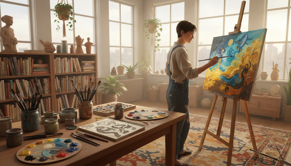 A serene, imaginative workspace filled with vibrant colors and artistic tools. In the foreground, a wooden artist’s table is cluttered with paintbrushes, palettes, and an open sketchbook displaying whimsical drawings. A talented individual, dressed in comfortable yet professional casual attire, is seen thoughtfully painting on a canvas, capturing emotions in fluid strokes. In the middle ground, shelves lined with books about art and creativity provide an inspiring backdrop. The background features large windows allowing soft, warm natural light to flood the space, creating a cozy atmosphere. The overall mood is one of tranquility and inspiration, evoking a sense of refuge found in creativity and artistic expression, inviting viewers to feel the comfort and solace that art can provide. A serene, imaginative workspace filled with vibrant colors and artistic tools. In the foreground, a wooden artist’s table is cluttered with paintbrushes, palettes, and an open sketchbook displaying whimsical drawings. A talented individual, dressed in comfortable yet professional casual attire, is seen thoughtfully painting on a canvas, capturing emotions in fluid strokes. In the middle ground, shelves lined with books about art and creativity provide an inspiring backdrop. The background features large windows allowing soft, warm natural light to flood the space, creating a cozy atmosphere. The overall mood is one of tranquility and inspiration, evoking a sense of refuge found in creativity and artistic expression, inviting viewers to feel the comfort and solace that art can provide.