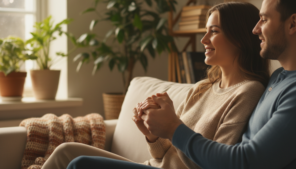 A serene indoor scene capturing the essence of "physical touch" within a warm atmosphere. In the foreground, a couple, dressed in casual yet modest clothing, is seated closely on a cozy sofa, their hands gently intertwined, emphasizing connection. In the middle, the soft lighting casts a golden glow, highlighting their affectionate expressions and the peaceful ambiance. The background features soft, blurred elements like houseplants and bookshelves, creating a homely vibe. The image should evoke feelings of intimacy and warmth, showcasing how physical touch is vital in expressing love. Use a shallow depth of field to focus on the couple while softly blurring the surroundings, enhancing the emotional depth of the scene. A serene indoor scene capturing the essence of "physical touch" within a warm atmosphere. In the foreground, a couple, dressed in casual yet modest clothing, is seated closely on a cozy sofa, their hands gently intertwined, emphasizing connection. In the middle, the soft lighting casts a golden glow, highlighting their affectionate expressions and the peaceful ambiance. The background features soft, blurred elements like houseplants and bookshelves, creating a homely vibe. The image should evoke feelings of intimacy and warmth, showcasing how physical touch is vital in expressing love. Use a shallow depth of field to focus on the couple while softly blurring the surroundings, enhancing the emotional depth of the scene.