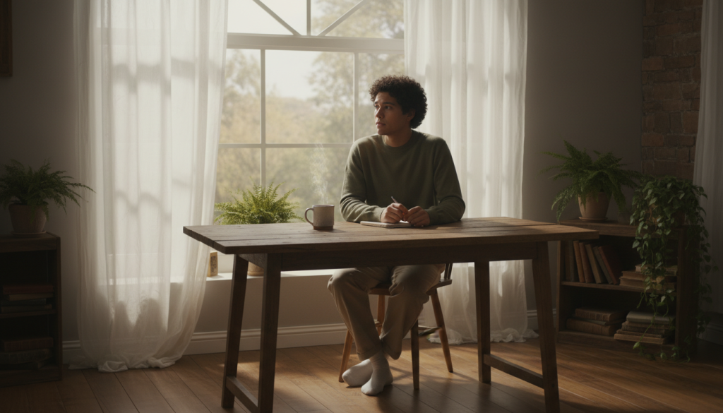 A serene indoor setting depicting a person deep in thought, embodying the theme of trust and vulnerability. In the foreground, a young adult of diverse descent wearing modest casual clothing sits at a rustic wooden table, gazing out a large window. Their expression is contemplative, reflecting an inner journey toward emotional confidence. In the middle background, soft sunlight filters through sheer white curtains, casting gentle light patterns that evoke warmth and openness. Potted plants and books add a sense of comfort and wisdom around them. The atmosphere is intimate and peaceful, with a color palette of soft earth tones. Capture the moment from a slightly elevated angle to enhance the depth and tranquility of the scene, emphasizing the essence of emotional exploration.