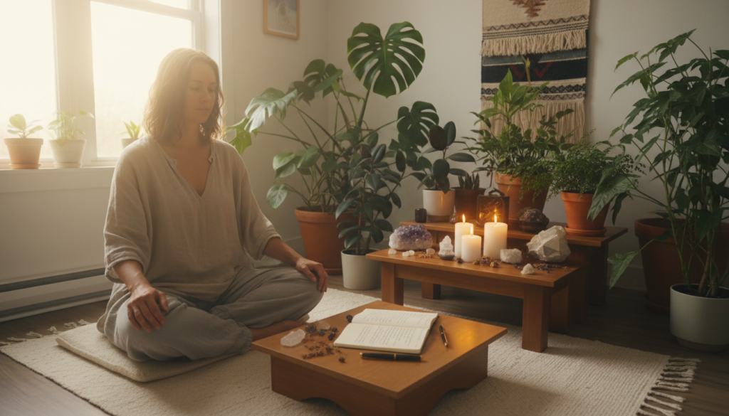 A serene indoor space bathed in soft, warm sunlight, emphasizing a clear intention. In the foreground, a meditative figure sits cross-legged on a plush mat, dressed in modest casual clothing, hands gently placed on their knees. The figure’s expression is focused and calm, illustrating clarity of purpose. In the middle ground, a small altar adorned with crystals, candles, and a notebook filled with written intentions draws attention, each item glowing with a soft light. The background features lush potted plants, creating a tranquil, abundant atmosphere. Use a slightly elevated angle to capture the stillness and focus, with diffused lighting to enhance the mood of clarity, peace, and abundance, suggesting a ritual of intention setting.