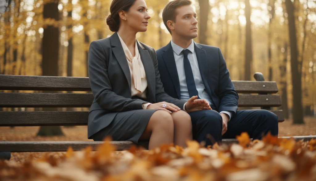 A serene, intimate moment between a couple sitting on a park bench, capturing the silence and emotional complexity of their relationship. The couple, dressed in professional business attire, gazes thoughtfully into the distance, reflecting an unspoken bond shaped by past childhood experiences, especially from Libra influences. The foreground showcases their hands almost touching, symbolizing connection but with a subtle distance that conveys the impact of hidden wounds. In the middle ground, blurred autumn leaves add warmth, representing change and growth. The background features softly lit trees with golden rays of sunlight filtering through, creating a tranquil atmosphere. The overall mood is reflective and poignant, emphasizing the silent yet profound effects of childhood wounds on adult relationships. Use a shallow depth of field to focus on the couple while gently blurring the surroundings.