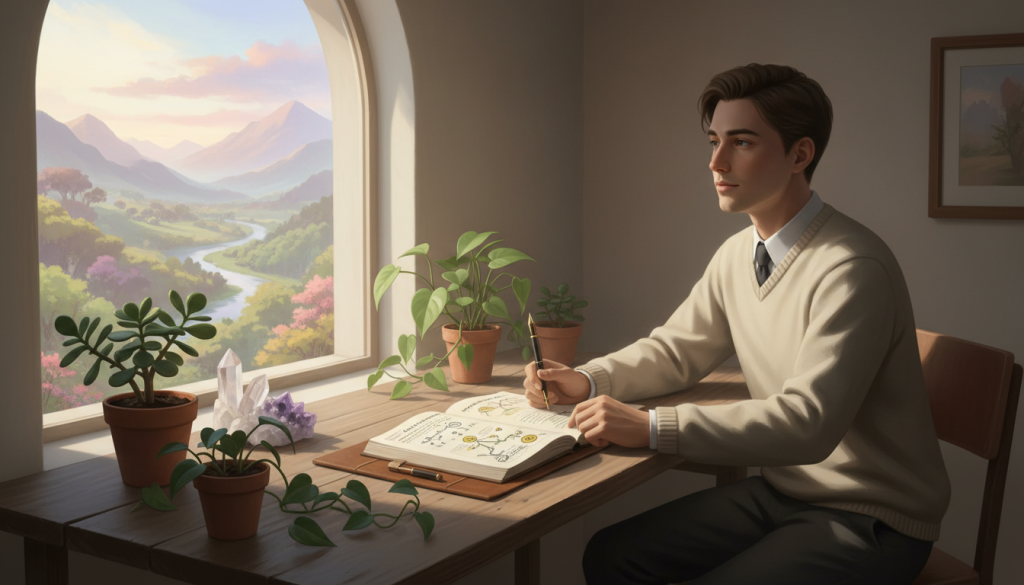 A serene, introspective scene depicting a person with a gentle demeanor, seated at a quaint wooden desk, surrounded by soft, natural light filtering through a window. The foreground features delicate plants and crystals, symbolizing sensitivity and prosperity, while the middle ground reveals an open journal with inspiring notes and sketches, hinting at creative finance strategies. In the background, a dreamy landscape of flourishing greenery and distant mountains evokes a sense of tranquility and abundance. The color palette consists of soft pastels and warm earth tones, creating an inviting and harmonious atmosphere. The composition should feel balanced, with a focus on the person's thoughtful expression, dressed casually yet professionally, immersed in their reflections on earning money through intuition and empathy.