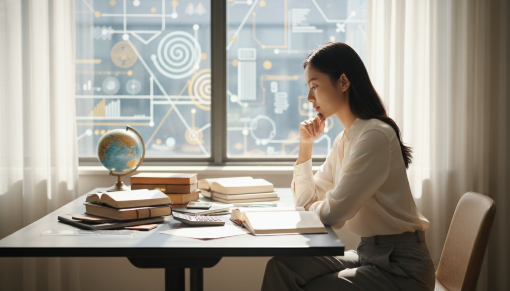 A serene, introspective scene depicting a thoughtful individual, a young woman of Asian descent, sitting at a contemporary desk overflowing with books, notebooks, and analytical tools. In the foreground, she is engaged in deep thought, her expression focused and inquisitive, wearing professional attire—perhaps a fitted blouse and tailored trousers. The middle layer reveals a large window behind her, sunlight streaming in, illuminating her workspace and casting warm, golden hues that suggest clarity and inspiration. The background features abstract representations of thoughts and ideas, such as flowing lines and geometric shapes that symbolize analytical thinking. The atmosphere is calm and intellectual, inviting viewers to connect with the complexities of the analytical mind, with a soft-focus lens effect to emphasize depth and contemplation.