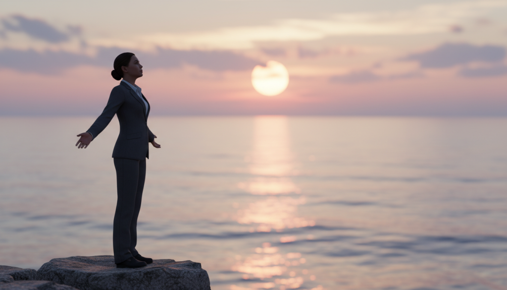 A serene, introspective scene depicting "sensibilidad," featuring a figure in professional business attire, standing on a cliff overlooking a tranquil ocean at sunset. The foreground showcases the figure, a thoughtful expression on their face, with arms gently outstretched as if embracing the moment. In the middle ground, soft waves reflect the warm tones of the setting sun, creating a sense of calm and reflection. The background features a hazy horizon merging sky and sea, with gentle clouds illuminated in pastel colors. The lighting is soft and warm, evoking a peaceful atmosphere. Use a shallow depth of field to emphasize the figure while keeping the ocean and sky blurred in harmony, capturing an essence of personal sacrifice and emotional depth.