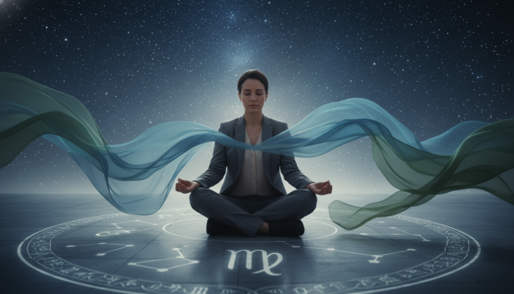 A serene, introspective scene depicting the concept of emotional burdens related to the Virgo zodiac sign. In the foreground, a human figure dressed in modest, professional attire sits cross-legged, eyes closed in contemplation, surrounded by subtle symbols of astrology, such as the Virgo glyph and gentle celestial patterns. In the middle ground, ethereal representations of past energies manifest as soft, flowing waves of color—muted blues and earthy greens—gently enveloping the figure, symbolizing emotional weights and ancestral influences. The background features a starry night sky sprinkled with shimmering stars, casting a calm, ambient light that enhances the sense of peaceful introspection. The mood is reflective and serene, inviting viewers to connect with their inner selves while contemplating their karmic lessons. Use a soft focus and a wide-angle lens to emphasize the sense of depth and connection between the figure and the cosmos.