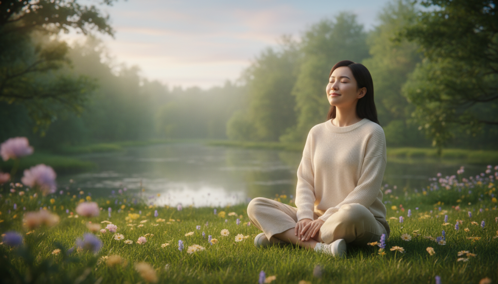 A serene, introspective scene illustrating the concept of self-compassion. In the foreground, a young woman in modest casual clothing sits cross-legged on soft grass, looking peaceful with a gentle smile, eyes closed, radiating warmth and self-acceptance. Her surroundings feature delicate wildflowers that symbolize personal growth and healing. In the middle ground, a tranquil, softly rippling pond reflects the sky, enhancing the atmosphere of calmness. The background showcases a lush forest with diffused sunlight filtering through the leaves, creating a dreamy, ethereal quality. Soft, warm lighting adds to the comforting mood, and a slight blur in the edges mimics depth of field, emphasizing the subject's peaceful presence amidst nature's embrace.