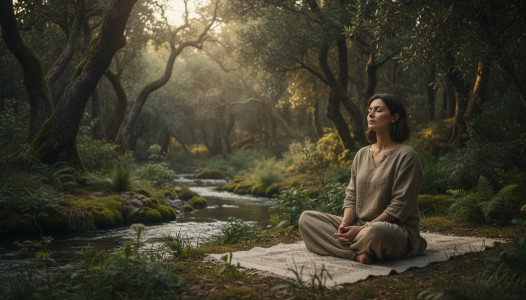 A serene, introspective scene illustrating the concept of "silencio." In the foreground, an individual seated cross-legged on a soft, muted rug, dressed in simple, modest clothing, with a calm expression, reflecting deep thought. The middle ground features a gentle, flowing stream surrounded by lush greenery, symbolizing the flow of unexpressed emotions. In the background, tall trees with dense foliage create a sense of enclosure and protection, their leaves whispering in a soft breeze. The light is soft and diffuse, casting a warm, golden hue that enhances the peaceful atmosphere. Use a slightly elevated angle to capture the scene's serenity and promote a sense of deep emotional connection and introspection, evoking a tranquil mood.