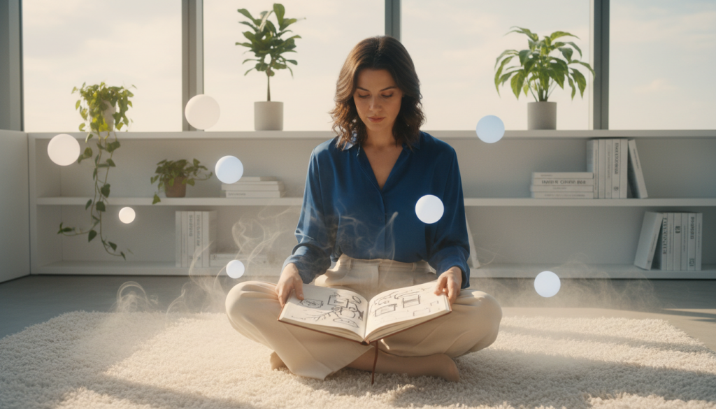A serene, introspective setting in a modern office, showcasing a professional businesswoman in modest attire, sitting cross-legged on a soft, plush rug. She is surrounded by large windows that allow warm, golden sunlight to flood the room, creating an inviting atmosphere. On her lap rests an open notebook filled with sketches and notes, symbolizing ideas and intuition. Surround her with subtle symbols of intuition, like softly glowing orbs and gentle, swirling mist rising from the ground. In the background, minimalist shelves display inspiring books and plants that breathe life into the space. The camera angle is slightly above eye level, capturing both the subject's focused expression and the peaceful ambiance. The overall mood is one of quiet confidence and clarity, emphasizing the power of intuition in decision-making.