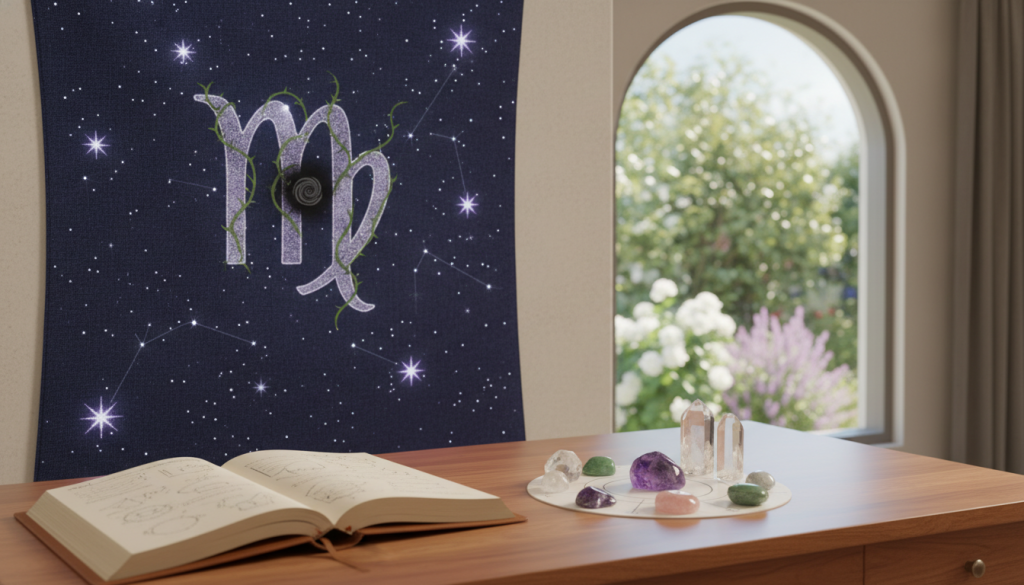 A serene, introspective workspace featuring a Virgo-themed astrological symbol representing envy, set against a tranquil backdrop. In the foreground, a neatly organized desk with an open journal filled with notes and a neatly arranged collection of gemstones symbolizing balance and harmony. In the middle, a tapestry of cosmic stars twinkling softly, reflecting a calming lavender hue that encapsulates Virgo's analytical nature. The background showcases a soft-focus view of a lush garden through a large window, symbolizing growth and self-reflection. Use soft, diffused lighting to create a warm and inviting atmosphere, captured from a slightly elevated angle to emphasize both the detailed desk and the calming garden view. This composition should convey a sense of contemplation and emotional management, embodying how Virgo navigates envy in daily life.