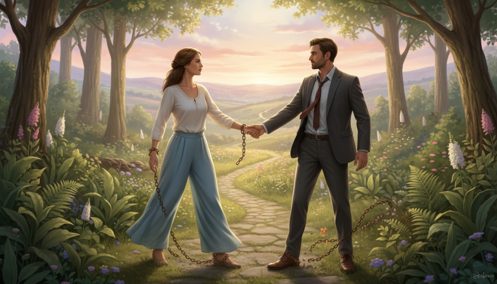 A serene landscape depicting a diverse group of individuals breaking free from chains that symbolize disconnection. In the foreground, a woman in modest casual attire extends her hand towards a man in professional business attire, both representing unity and connection. The middle ground features lush greenery, symbolizing growth and healing, with gentle sunlight filtering through the leaves, creating a warm, inviting atmosphere. In the background, a winding path leads toward a horizon bathed in soft pastel colors, suggesting hope and new beginnings. The scene is infused with an uplifting mood, capturing the essence of overcoming barriers and fostering connection. The lighting is soft, with a focus on natural illumination that enhances the emotional depth of the moment.