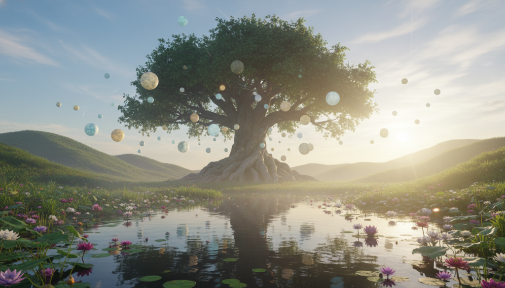 A serene landscape depicting a harmonious balance between nature and spiritual elements, symbolizing "equilibrio." In the foreground, a tranquil pond reflects the sky, surrounded by lush greenery and blooming flowers, creating a sense of peace. In the middle, a majestic tree with intertwining roots and branches represents growth and stability, while softly glowing orbs of light drift around it, symbolizing enlightenment and insight. The background features soft, rolling hills under a clear blue sky, with gentle sunlight casting warm, golden hues. The atmosphere is calm and inviting, evoking a feeling of tranquility and balance. Capture the scene with a wide-angle lens to emphasize depth and serenity, ensuring the composition is harmonious and uplifting. A serene landscape depicting a harmonious balance between nature and spiritual elements, symbolizing "equilibrio." In the foreground, a tranquil pond reflects the sky, surrounded by lush greenery and blooming flowers, creating a sense of peace. In the middle, a majestic tree with intertwining roots and branches represents growth and stability, while softly glowing orbs of light drift around it, symbolizing enlightenment and insight. The background features soft, rolling hills under a clear blue sky, with gentle sunlight casting warm, golden hues. The atmosphere is calm and inviting, evoking a feeling of tranquility and balance. Capture the scene with a wide-angle lens to emphasize depth and serenity, ensuring the composition is harmonious and uplifting.