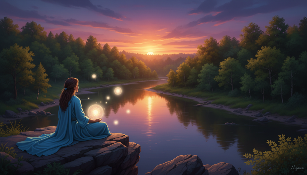 A serene landscape depicting a person sitting cross-legged on a rocky outcrop, wearing a flowy blue robe symbolizing the zodiac sign Aquarius. The foreground features soft, glowing orbs of light surrounding the figure, representing emotional blockages being released. In the middle, a gentle stream flows under a vibrant, sunset-lit sky, reflecting hues of purple and orange, symbolizing transformation. The background is filled with lush trees, conveying a sense of tranquility and nourishment. The lighting is warm, casting a soft glow over the scene, enhancing the feeling of hope and renewal. The atmosphere is peaceful and meditative, inviting viewers to contemplate personal growth and overcoming emotional barriers.