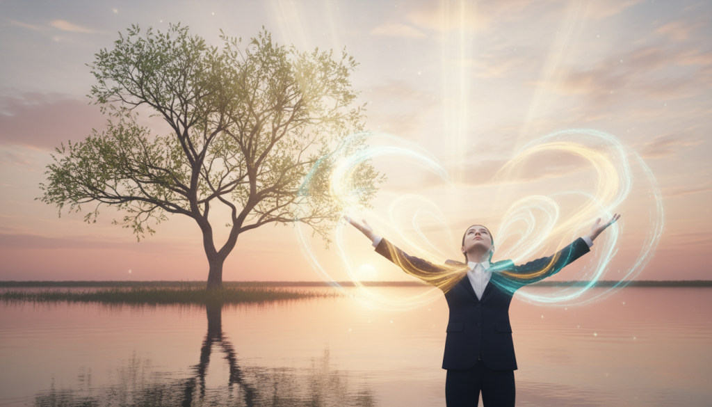 A serene landscape depicting a profound energy transformation. In the foreground, a figure in professional business attire stands with arms outstretched, absorbing vibrant, swirling colors of blue and gold energy. The middle ground showcases a beautiful tree with budding leaves, symbolizing rebirth, while ethereal light beams cascade through its branches. In the background, a soft sunrise breaks the horizon, bathing the scene in warm hues of orange and pink, creating a sense of hope. The overall mood is tranquil yet empowering, illustrating the journey from loss to revitalization. Use soft, diffused lighting for an uplifting ambiance, captured with a wide-angle lens to emphasize the expansive sky and energy flow around the figure.
