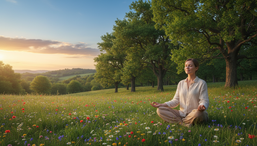 A serene landscape depicting a tranquil connection with nature, showcasing a lush green meadow filled with wildflowers under a bright blue sky. In the foreground, a person dressed in modest casual clothing sits cross-legged on the grass, hands resting on their knees, eyes closed in meditation, embodying peace and mindfulness. The middle ground features towering trees with vibrant green leaves, casting gentle shadows, while soft sunlight filters through their branches, creating a warm, inviting atmosphere. In the background, rolling hills stretch towards a distant horizon, where the sun sets, painting the sky in hues of orange and pink. The overall mood is calming and grounding, evoking a sense of harmony with the earth. Use soft, natural lighting to enhance the tranquil feel of the scene.