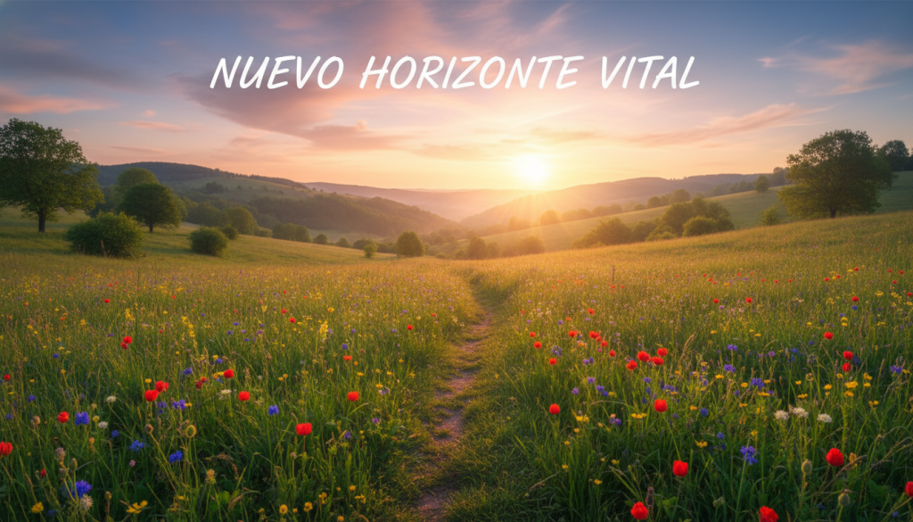 A serene landscape depicting a vibrant sunrise over a tranquil valley symbolizes the creation of a "nuevo horizonte vital." In the foreground, lush green meadows with blooming wildflowers create a sense of renewal and hope. The middle ground features gentle hills, where a small path meanders toward the horizon, inviting exploration and new beginnings. In the background, soft, wispy clouds blend with warm colors of pink and orange as they reflect the sunlight, casting a golden glow over the scene. The atmosphere is peaceful yet invigorating, evoking feelings of optimism and possibility. Shot from a low angle, the perspective emphasizes the expansive sky and the path ahead. The lighting is soft and warm, capturing the essence of dawn and the emergence of new opportunities.