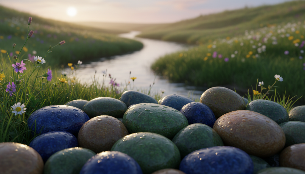 A serene landscape depicting an array of smooth, multicolored stones, symbolizing transformation and rebirth. In the foreground, the stones vary in size, showcasing shades of blue, green, and earthy tones, glistening under soft, warm sunlight. The middle ground features gentle green grass and delicate wildflowers, adding vibrancy to the scene. In the background, a gentle stream winds through the setting, reflecting the sky's soft pastels at dawn, enhancing the atmosphere of renewal. The image should be captured at eye level with a shallow depth of field to create a dreamy focus on the stones, evoking a sense of peace and spiritual awakening. The overall mood is tranquil and uplifting, inviting contemplation and reflection on new beginnings. A serene landscape depicting an array of smooth, multicolored stones, symbolizing transformation and rebirth. In the foreground, the stones vary in size, showcasing shades of blue, green, and earthy tones, glistening under soft, warm sunlight. The middle ground features gentle green grass and delicate wildflowers, adding vibrancy to the scene. In the background, a gentle stream winds through the setting, reflecting the sky's soft pastels at dawn, enhancing the atmosphere of renewal. The image should be captured at eye level with a shallow depth of field to create a dreamy focus on the stones, evoking a sense of peace and spiritual awakening. The overall mood is tranquil and uplifting, inviting contemplation and reflection on new beginnings.