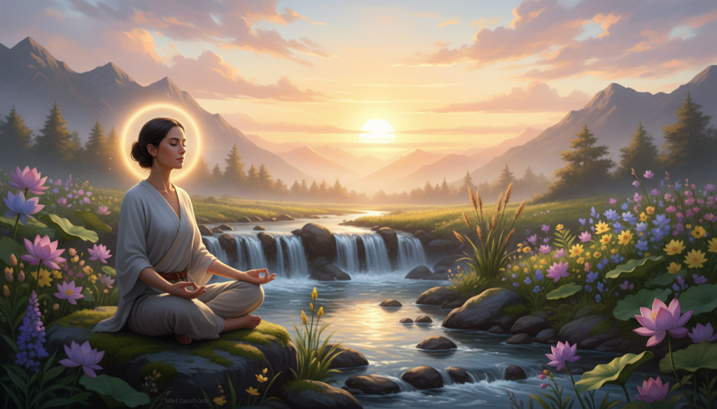 A serene landscape depicting spiritual hygiene and energy purification. In the foreground, a person in modest clothing practices meditation, surrounded by a gentle aura of golden light. Their posture is one of tranquility and focus, emphasizing a connection to their inner self. In the middle, soft flowing water cascades through smooth stones, symbolizing the cleansing of energy, while vibrant plants and flowers bloom, representing vitality and growth. The background features a soft-focus view of distant mountains under a warm, golden sunset, casting a peaceful glow over the scene. The atmosphere is calm and uplifting, with a sense of balance and rejuvenation, highlighting the theme of spiritual well-being and energy enhancement.