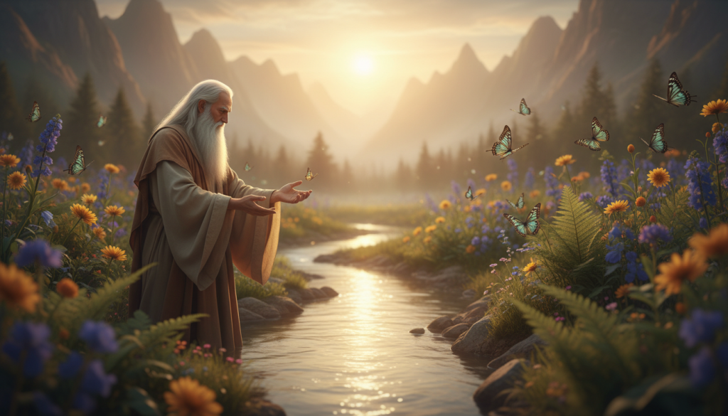 A serene landscape depicting the concept of eternal wisdom and change. In the foreground, a wise figure, dressed in flowing robes, stands beside a flowing river, their hands outstretched toward the water. The middle ground features lush greenery and vibrant flowers that symbolize renewal and transformation, while butterflies flutter around, representing change. The background showcases distant mountains bathed in warm golden sunlight, illuminating the scene and emphasizing a hopeful atmosphere. The composition captures a tranquil yet dynamic feeling, suggesting the interplay between wisdom and the natural cycles of life. Use a soft-focus lens to create an ethereal effect, enhancing the sense of spirituality. The lighting is soft and warm, setting a peaceful mood that invites introspection.