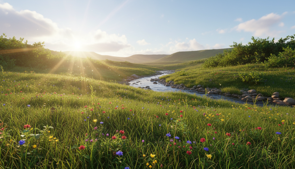 A serene landscape emanating positive energy, featuring a lush green meadow dotted with vibrant wildflowers. In the foreground, a radiant sun casts warm golden rays, creating a shimmering light effect on dewdrops. The middle ground includes a gentle stream flowing through smooth stones, reflecting the sunlight and surrounded by lush foliage, symbolizing harmony and balance. In the background, soft, rolling hills lead to a clear blue sky with fluffy white clouds, creating an uplifting atmosphere. The scene should be imbued with a sense of tranquility and joy, invoking feelings of protection and spiritual well-being. The overall mood is bright, inviting, and peaceful, capturing the essence of positive energy in a natural setting. Use a wide-angle lens to enhance depth and vibrancy. A serene landscape emanating positive energy, featuring a lush green meadow dotted with vibrant wildflowers. In the foreground, a radiant sun casts warm golden rays, creating a shimmering light effect on dewdrops. The middle ground includes a gentle stream flowing through smooth stones, reflecting the sunlight and surrounded by lush foliage, symbolizing harmony and balance. In the background, soft, rolling hills lead to a clear blue sky with fluffy white clouds, creating an uplifting atmosphere. The scene should be imbued with a sense of tranquility and joy, invoking feelings of protection and spiritual well-being. The overall mood is bright, inviting, and peaceful, capturing the essence of positive energy in a natural setting. Use a wide-angle lens to enhance depth and vibrancy.