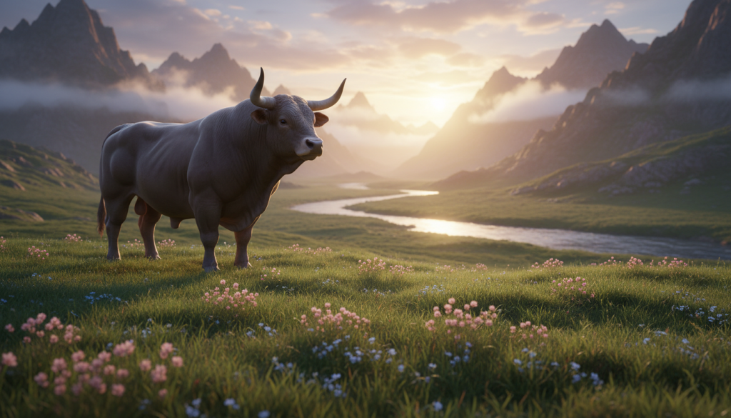 A serene landscape embodying "patience and stability," featuring a tranquil bull standing confidently on a verdant hilltop. In the foreground, lush green grass sways gently in a soft breeze, while delicate flowers add subtle color. The middle ground showcases a calm river reflecting the soft hues of dawn, symbolizing steadiness and continuity. In the background, majestic mountains rise against a brightening sky, bathed in warm golden light, casting long shadows that suggest the passage of time. The overall atmosphere is peaceful and grounding, evoking a sense of harmony and resilience. Capture this scene with a wide-angle lens, emphasizing depth and tranquility, while keeping soft focus on the distant mountains to create an ethereal, dreamlike quality.