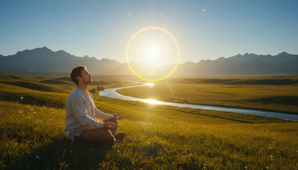 A serene landscape featuring a gentle, glowing light in a vibrant yellow hue, symbolizing clarity and divine guidance. In the foreground, a peaceful figure in modest casual clothing sits cross-legged on a grassy hill, gazing upwards with a calm expression, embodying a sense of introspection and connection to the spirit world. In the middle ground, soft rolling hills transition into a tranquil river reflecting the yellow light. The background features distant mountains under a clear sky, enhancing the sense of openness and spiritual expansiveness. The lighting is warm and radiant, capturing the essence of enlightenment. The atmosphere is tranquil and contemplative, encouraging a sense of peace and clarity as one connects with their spiritual guide. Use a wide-angle lens to encompass the beauty of the scene.