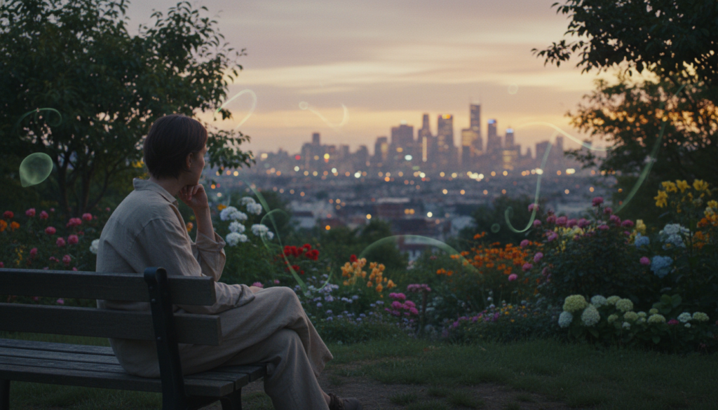A serene landscape in the foreground featuring a person sitting on a bench, gazing thoughtfully into the distance, wearing modest casual clothing. Their expression reflects a mix of contemplation and vulnerability, embodying the essence of envy. In the middle ground, lush green trees and colorful flowers symbolize growth and beauty, while subtle ethereal shades of green and blue convey a sense of envy swirling in the air. The background includes a soft-focus city skyline at twilight, bathed in warm golden light, symbolizing aspiration and desire. The overall atmosphere is introspective, with a hint of melancholy, inviting the viewers to ponder on the complexities of envy. Use natural lighting to create a dreamy effect, and capture the scene with a wide-angle lens to emphasize the depth and emotion of the moment.