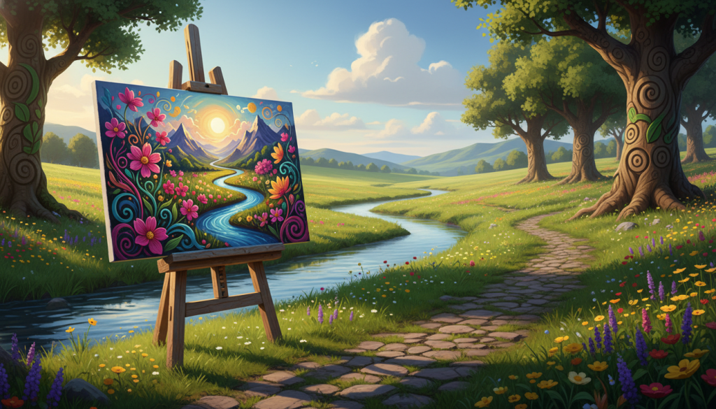 A serene landscape showcasing the harmonious connection between nature and art. In the foreground, a wooden easel holds a colorful canvas depicting a vibrant, abstract artwork inspired by natural elements like flowers and mountains. A gentle stream reflects the warm glow of the golden hour sunlight, casting soft shadows. In the middle ground, a lush green meadow is dotted with wildflowers, while a path leads into a grove of trees adorned with artistic carvings. The background features rolling hills under a clear blue sky, with soft, fluffy clouds adding texture. The atmosphere is tranquil and inspiring, evoking a sense of creativity and connection to the earth. The lighting is warm, enhancing the colors and creating an inviting and uplifting mood.