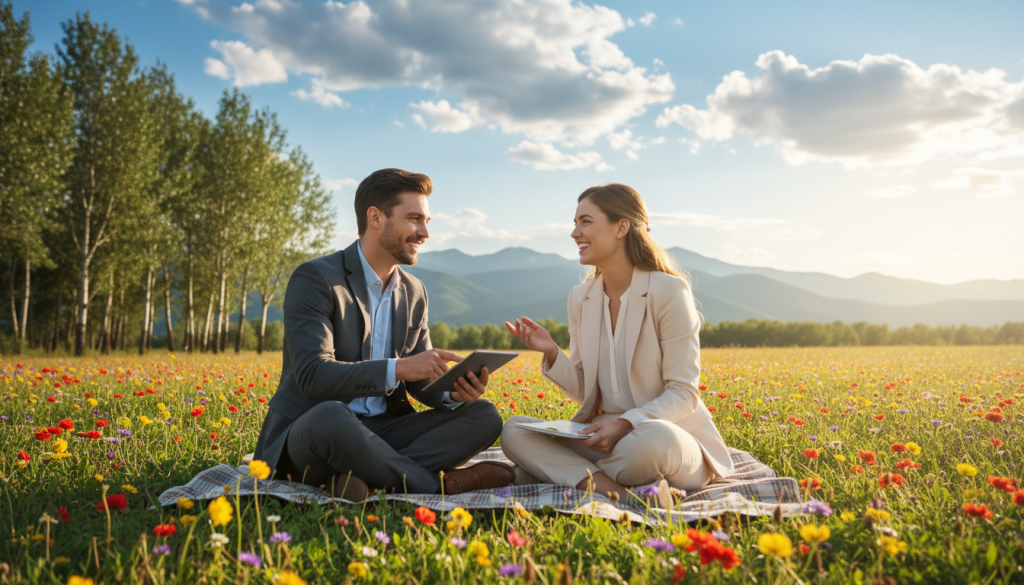A serene landscape symbolizing "libertad," featuring an open field under a bright blue sky with fluffy white clouds. In the foreground, a young couple in professional attire, joyfully discussing their plans while sitting on a picnic blanket surrounded by vibrant wildflowers. The middle ground showcases tall trees gently swaying in the breeze, suggesting a peaceful environment. The background reveals distant mountains, adding depth to the scene, with soft sunlight illuminating the entire area, creating a warm and inviting atmosphere. The focus should be on the couple’s expressions, embodying hope and freedom as they engage in conversation about shared dreams and projects. The overall mood conveys harmony, collaboration, and the beauty of mutual support in romantic partnerships.