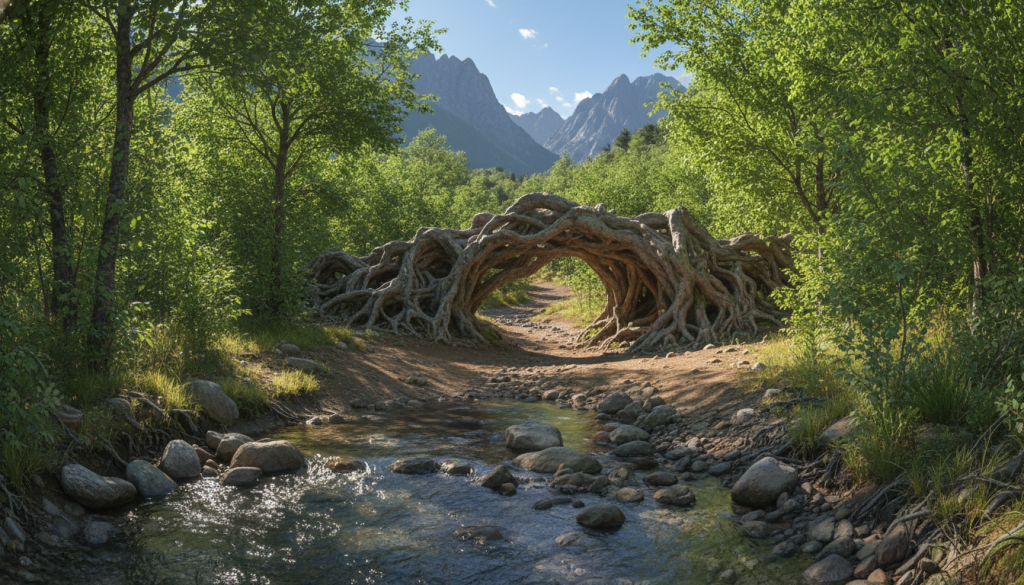 A serene landscape symbolizing the concept of "blockages" in prosperity, featuring a winding path through a lush green forest. In the foreground, a clear stream gently runs over smooth stones, reflecting sunlight in a tranquil manner. The middle ground showcases large, intertwined roots above the ground, illustrating obstacles and challenges that hinder progress. Soft sunlight filters through the branches, casting dappled shadows on the path, creating an inviting yet contemplative atmosphere. In the background, distant mountains rise against a clear blue sky, signifying potential and growth. The overall mood is calm and introspective, inviting viewers to reflect on their personal challenges. Use a wide-angle lens effect to capture the depth of the landscape, emphasizing the transition from obstacles to a pathway of opportunity.