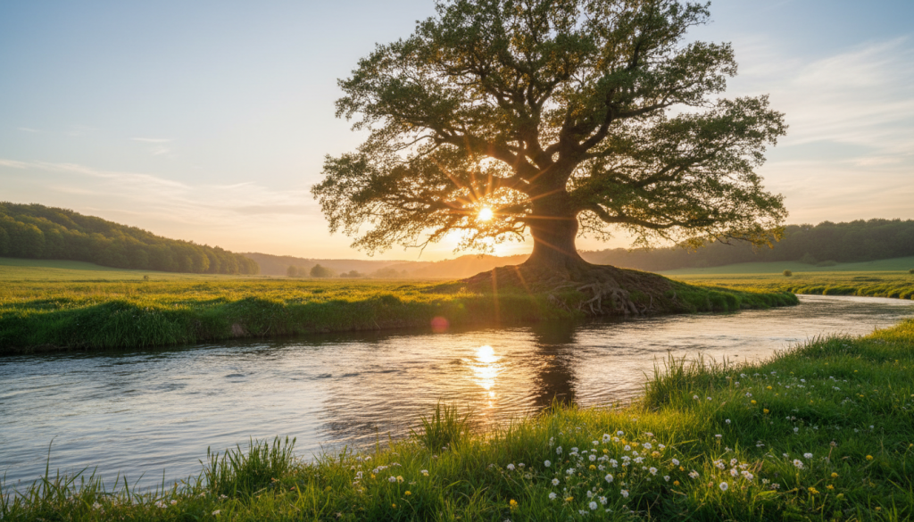 A serene landscape that embodies emotional stability, featuring a lush, green earth element inspired by Taurus. In the foreground, there’s a calm, flowing river reflecting soft, warm sunlight, symbolizing tranquility. In the midground, a robust, ancient oak tree stands strong, its roots deep in the earth, representing reliability and security. The background reveals gentle hills under a clear blue sky, conveying a sense of peace. The scene is bathed in golden hour lighting, casting a soft glow and creating long, inviting shadows. The mood is tranquil and nurturing, evoking a sense of warmth and emotional safety, perfect for illustrating the essence of stability and security in relationships.