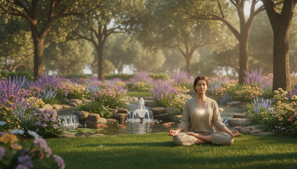 A serene meditation scene set in a tranquil garden. In the foreground, a person in modest, casual clothing sits cross-legged on a soft, green lawn, eyes closed, embodying calmness and introspection. In the middle ground, vibrant flowers, gentle streams, and smooth stones create a harmonious environment, symbolizing emotional balance and connection. In the background, a soft-focus of lush trees with dappled sunlight filtering through leaves enhances the peaceful atmosphere. The lighting is warm and soft, highlighting the serenity of the moment. The overall mood is tranquil and reflective, inviting viewers to feel a sense of inner peace and emotional evolution, as if connecting deeply with their essence. A serene meditation scene set in a tranquil garden. In the foreground, a person in modest, casual clothing sits cross-legged on a soft, green lawn, eyes closed, embodying calmness and introspection. In the middle ground, vibrant flowers, gentle streams, and smooth stones create a harmonious environment, symbolizing emotional balance and connection. In the background, a soft-focus of lush trees with dappled sunlight filtering through leaves enhances the peaceful atmosphere. The lighting is warm and soft, highlighting the serenity of the moment. The overall mood is tranquil and reflective, inviting viewers to feel a sense of inner peace and emotional evolution, as if connecting deeply with their essence.