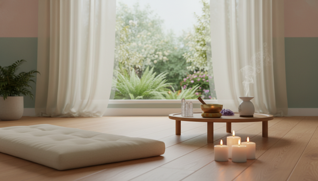 A serene meditation space designed for tranquility and focus. In the foreground, a plush, soft yoga mat lays invitingly on a polished wooden floor. A few candles flicker gently, casting a warm, soft glow. In the middle ground, a low wooden table holds items like a singing bowl, crystals, and an essential oil diffuser emitting delicate wisps of fragrant vapor. The background features a large window with sheer curtains, letting in soft, natural light and glimpses of a lush green garden outside. The overall atmosphere is calm and peaceful, inviting deep reflection and connection. The color palette consists of gentle pastels and earth tones, creating a harmonious, relaxing environment. The image should capture a sense of serenity, encouraging viewers to embrace their meditation practice.