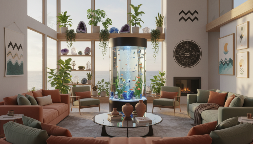 A serene, modern home interior reflecting the protective energy of Aquarius. In the foreground, a stylish living room with comfortable furniture and calming, earthy colors. A large aquarium filled with vibrant fish provides a focal point, symbolizing harmony and peace. In the middle ground, plants and crystals are strategically placed to enhance the spiritual atmosphere. Natural light flows in through large windows, creating a warm, inviting glow. In the background, subtle hints of astrological symbols are artfully integrated into the decor, reinforcing the Aquarius theme. The scene is tranquil and uplifting, aiming to evoke feelings of protection and spiritual balance. The composition is shot from a wide angle, highlighting the open space and the interconnected elements within the home. A serene, modern home interior reflecting the protective energy of Aquarius. In the foreground, a stylish living room with comfortable furniture and calming, earthy colors. A large aquarium filled with vibrant fish provides a focal point, symbolizing harmony and peace. In the middle ground, plants and crystals are strategically placed to enhance the spiritual atmosphere. Natural light flows in through large windows, creating a warm, inviting glow. In the background, subtle hints of astrological symbols are artfully integrated into the decor, reinforcing the Aquarius theme. The scene is tranquil and uplifting, aiming to evoke feelings of protection and spiritual balance. The composition is shot from a wide angle, highlighting the open space and the interconnected elements within the home.
