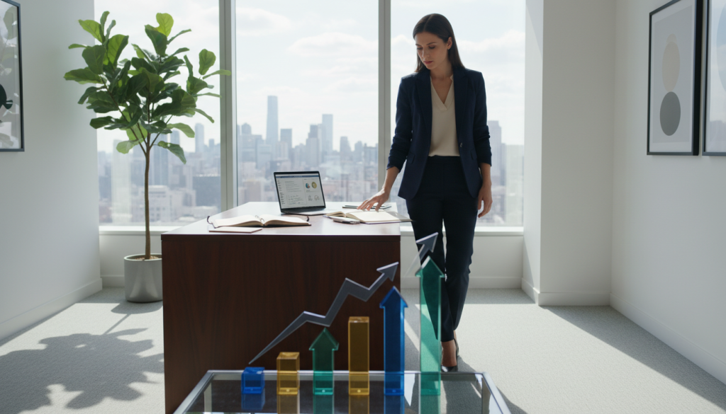 A serene, modern office environment where a professional woman in smart business attire stands at a large, elegant desk, thoughtfully contemplating several open notebooks and a laptop. In the foreground, there are visually appealing charts and graphs symbolizing decision-making and prosperity. The middle ground features a large window showcasing a bright city skyline, allowing soft natural light to fill the room, casting gentle shadows that evoke a calm yet focused atmosphere. The background reveals stylish plants and framed artwork, enhancing the professional space. The overall mood is one of clarity, determination, and positivity, emphasizing the importance of assertive decision-making for success.