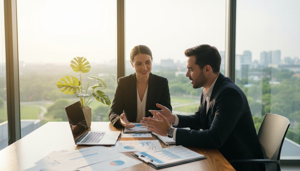 A serene, modern workspace setting showcasing two individuals in professional attire, engaged in a thoughtful discussion about finances. The foreground features a table adorned with financial documents, a laptop, and a potted plant symbolizing growth. In the middle ground, the couple is expressed with a sense of camaraderie and open communication, their body language reflecting confidence and trust. The background reveals large windows letting in soft, natural light, illuminating the space and creating a warm ambiance. The mood is empowering and optimistic, capturing the essence of financial freedom and partnership. Use a wide-angle lens for a dynamic perspective, with soft focus on the background to emphasize the subjects in the foreground.
