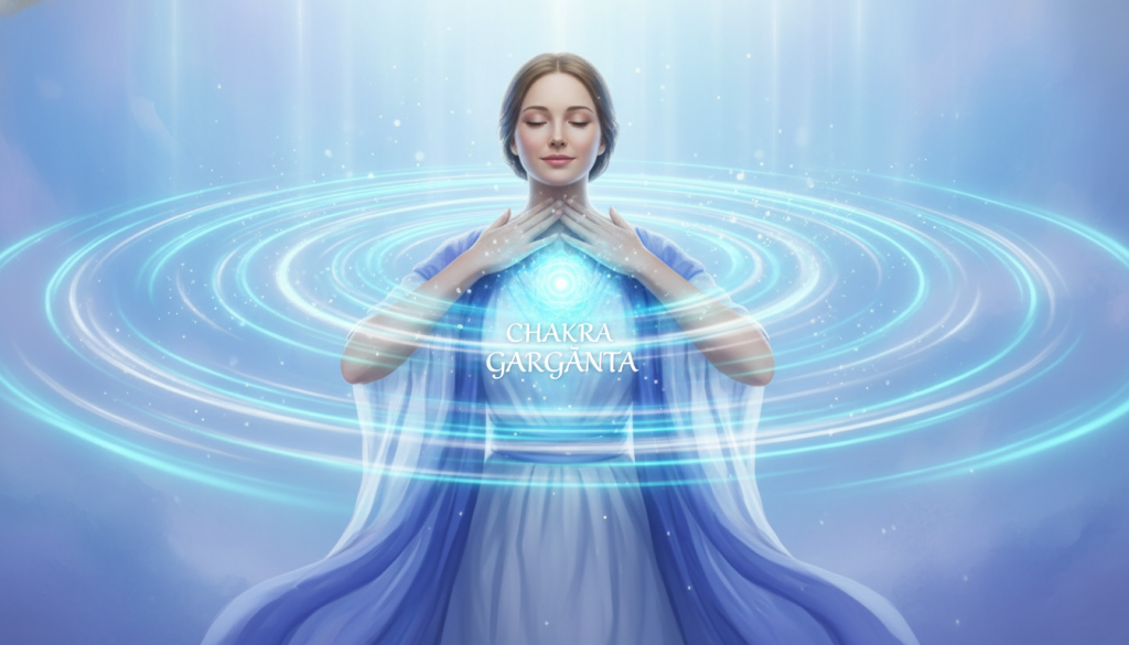 A serene, mystical depiction of the throat chakra, also known as "chakra garganta," radiating a vibrant blue energy at its core. In the foreground, a graceful figure in modest, flowing attire with an engaging expression, subtly holding their throat, symbolizes balance and self-expression. The middle layer showcases swirling patterns of light and energy emanating from the throat area, creating an aura of calm and clarity. In the background, soft hues of azure and lavender create a tranquil atmosphere, suggesting healing. Gentle, ethereal light beams descend, illuminating the scene and enhancing the spiritual vibe. The image should evoke a sense of peace and meditative focus, embodying the essence of energy balance and communication.
