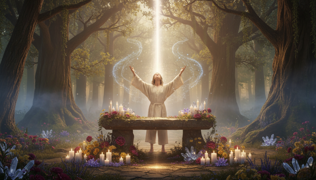 A serene, mystical scene depicting a divine ritual for invoking guidance, set in a tranquil forest clearing. In the foreground, an altar adorned with vibrant flowers, candles, and shimmering crystals radiates a soft glow. In the middle, a figure dressed in modest, flowing robes, eyes closed in meditation, extends hands upward towards an ethereal light that descends from the sky. Surrounding them are gentle streams of sparkling energy, symbolizing divine connection. The background features tall, ancient trees bathed in dappled sunlight, with soft, enchanting mist swirling through the air. The atmosphere is peaceful and inspiring, evoking a deep sense of spirituality and connection with the divine. Use soft, warm lighting to enhance the magical mood, creating a dreamy yet focused ambiance.